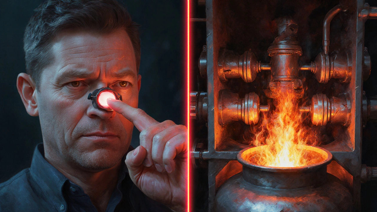 Split image: person pressing reset button vs. internal damage and fire hazard inside water heater.