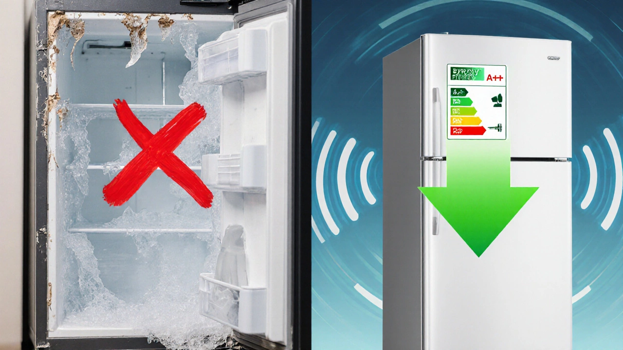 Split image showing old broken fridge with repair cost X vs new energy-efficient fridge with savings arrow.