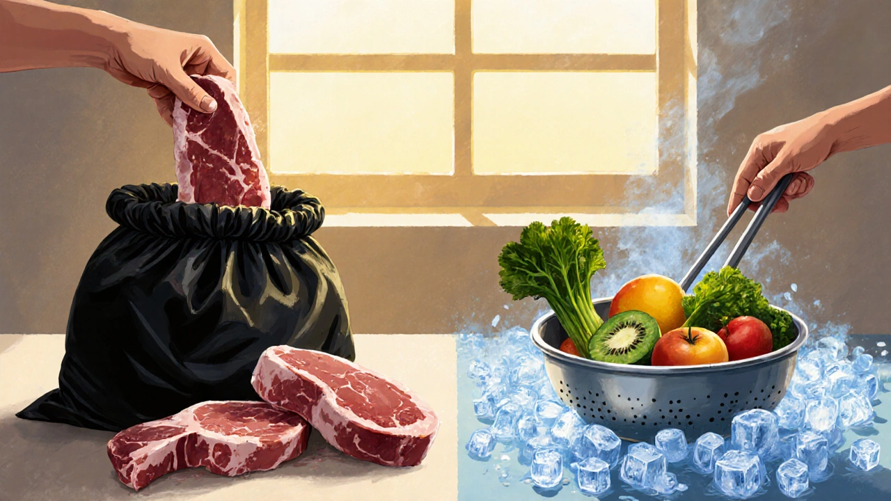 Thawed meat being discarded beside cold vegetables ready for cooking on a kitchen counter.