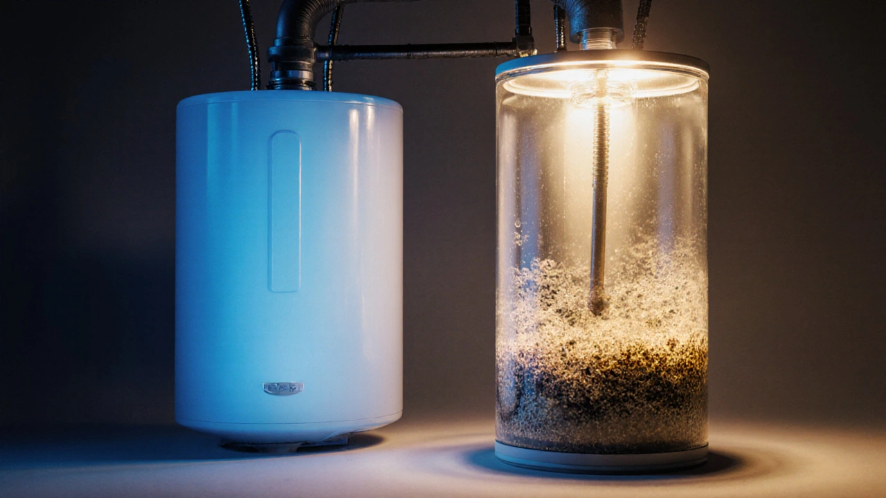 Transparent water heater showing sediment and new anode rod beside a modern unit.