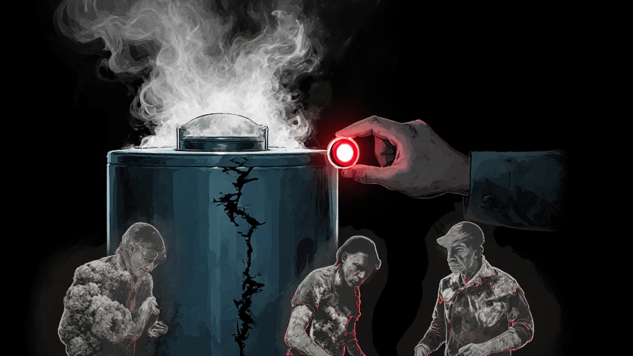 Water heater leaking steam with ghostly images of faulty parts surrounding a hesitating hand.