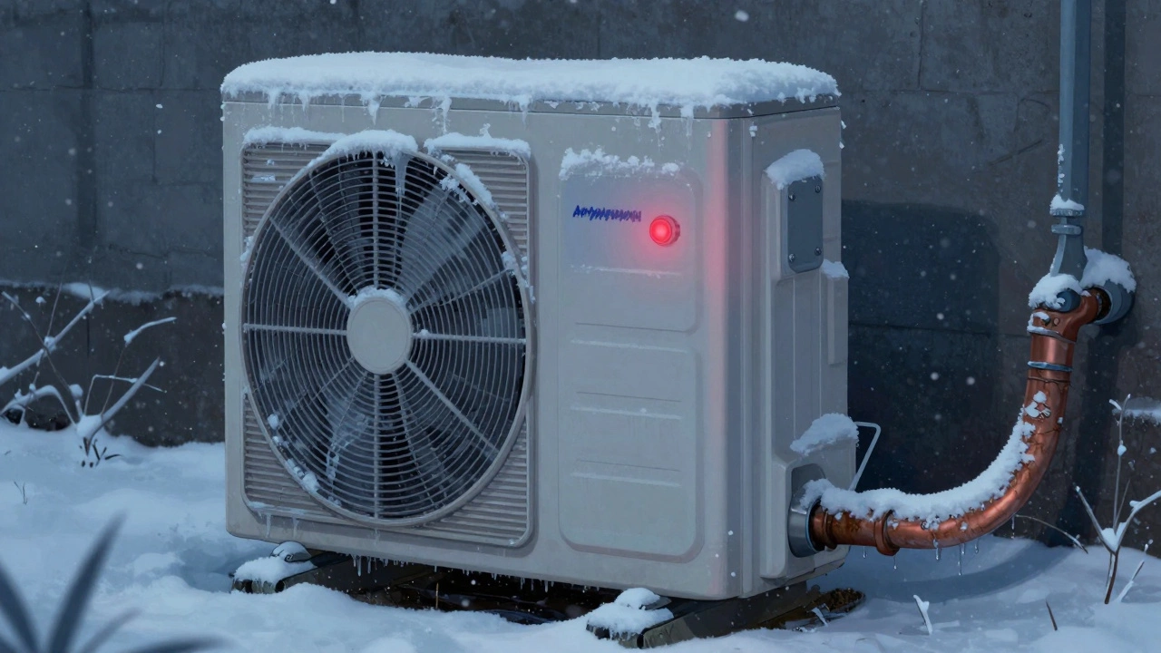 A frost-covered heat pump outdoor unit in a snowy UK winter night with ice buildup.