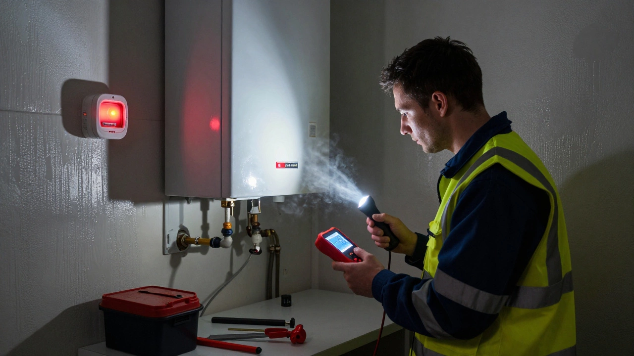 A Gas Safe engineer checking a broken boiler in a damp utility room, a red carbon monoxide alarm glowing on the wall.