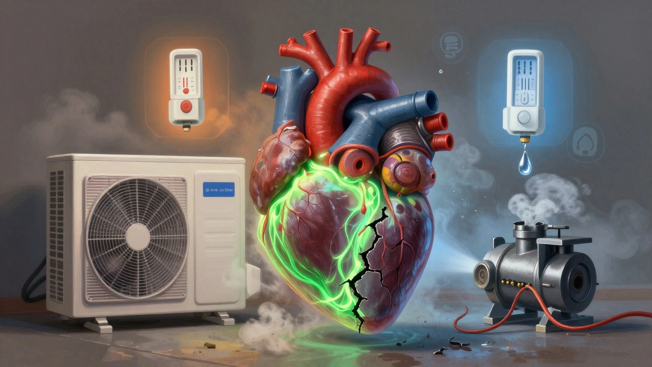 A heat pump depicted as a heart, one side healthy and glowing, the other damaged and dark.