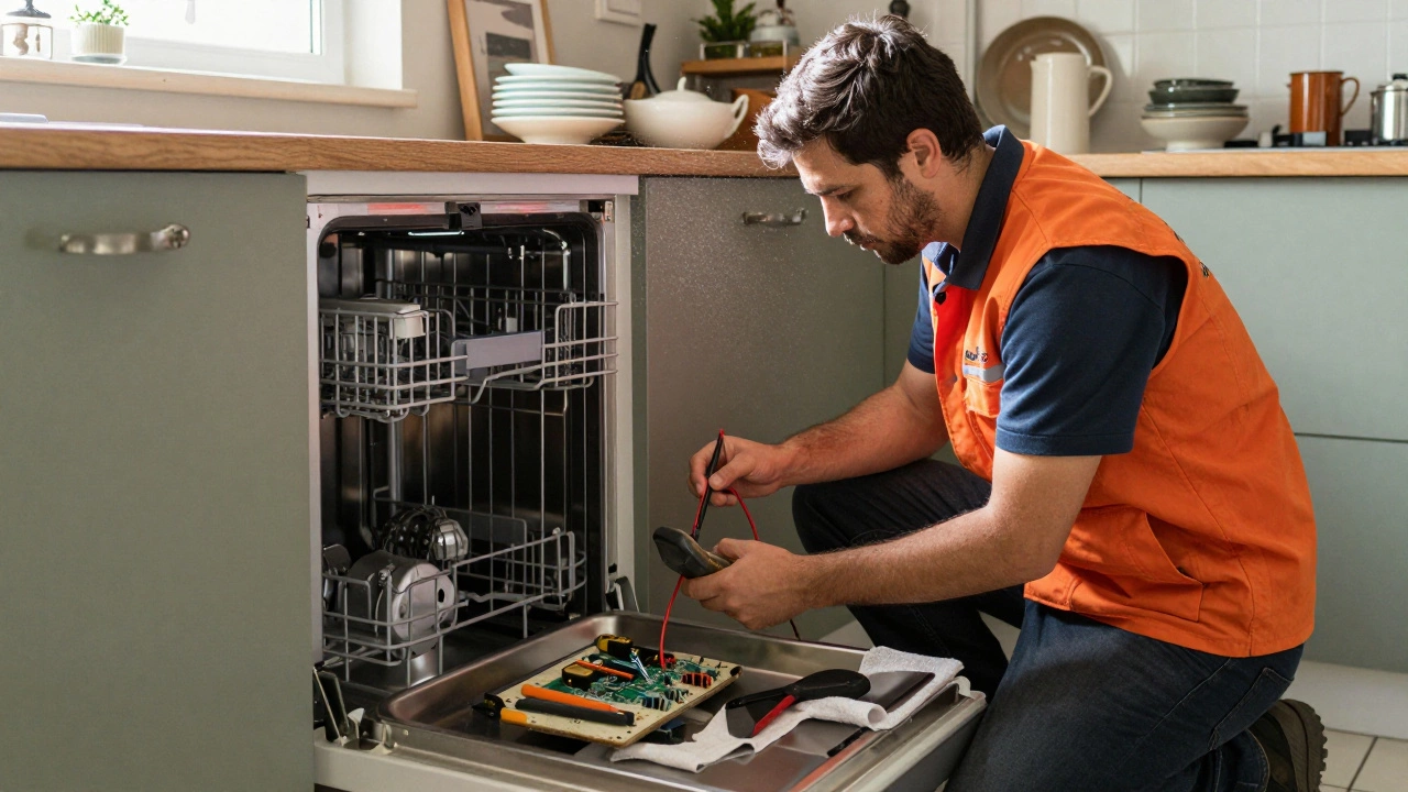 A technician examining a dishwasher's control board with tools in a kitchen.