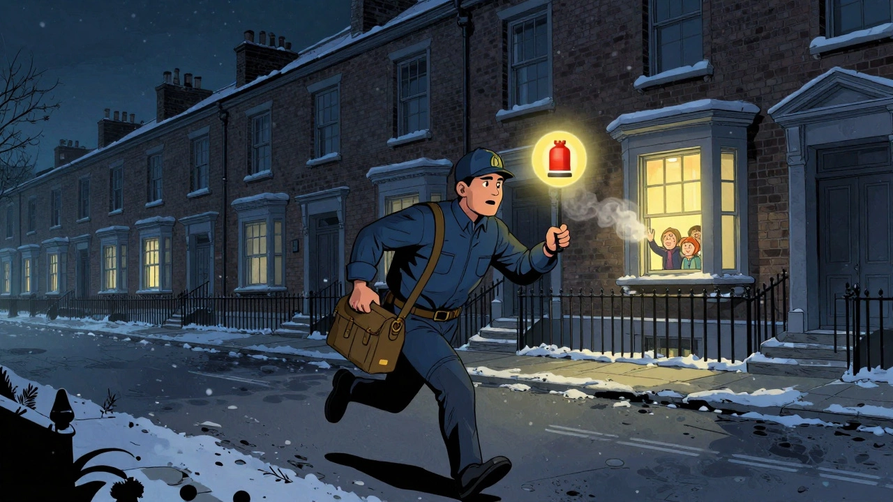 An emergency boiler engineer running through snowy streets at night, with a glowing call icon above him.