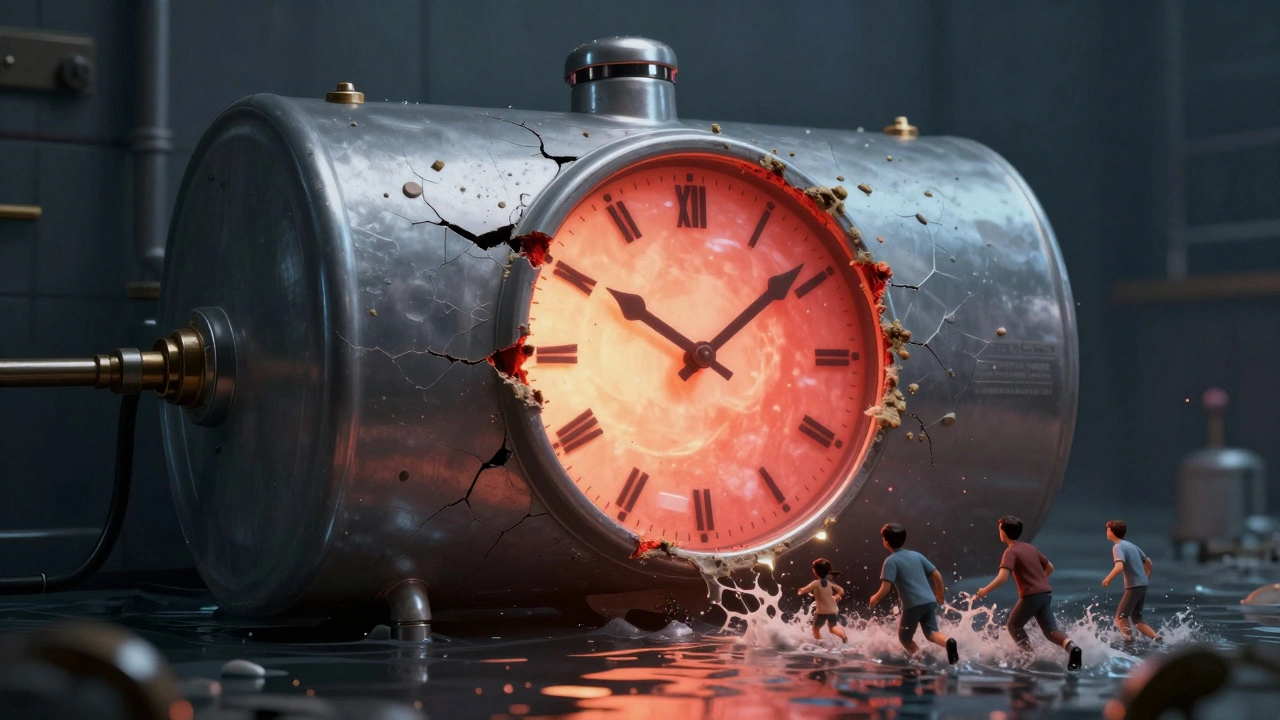 Conceptual image of a corroding water heater as a ticking time bomb with flood below.