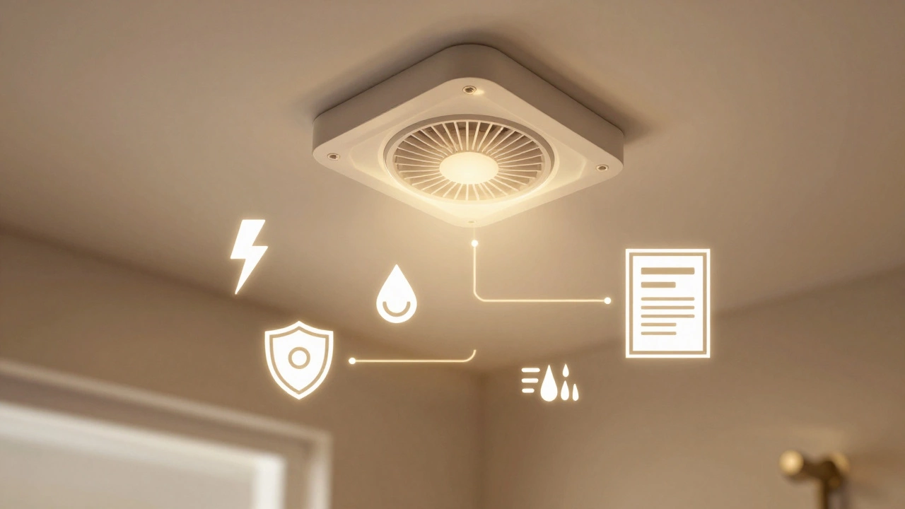 Conceptual image of an extractor fan with safety and ventilation icons floating around it.