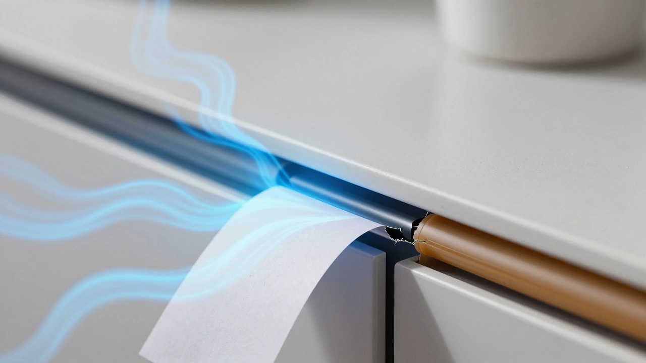 Cracked oven door seal letting heat escape with paper slipping out.