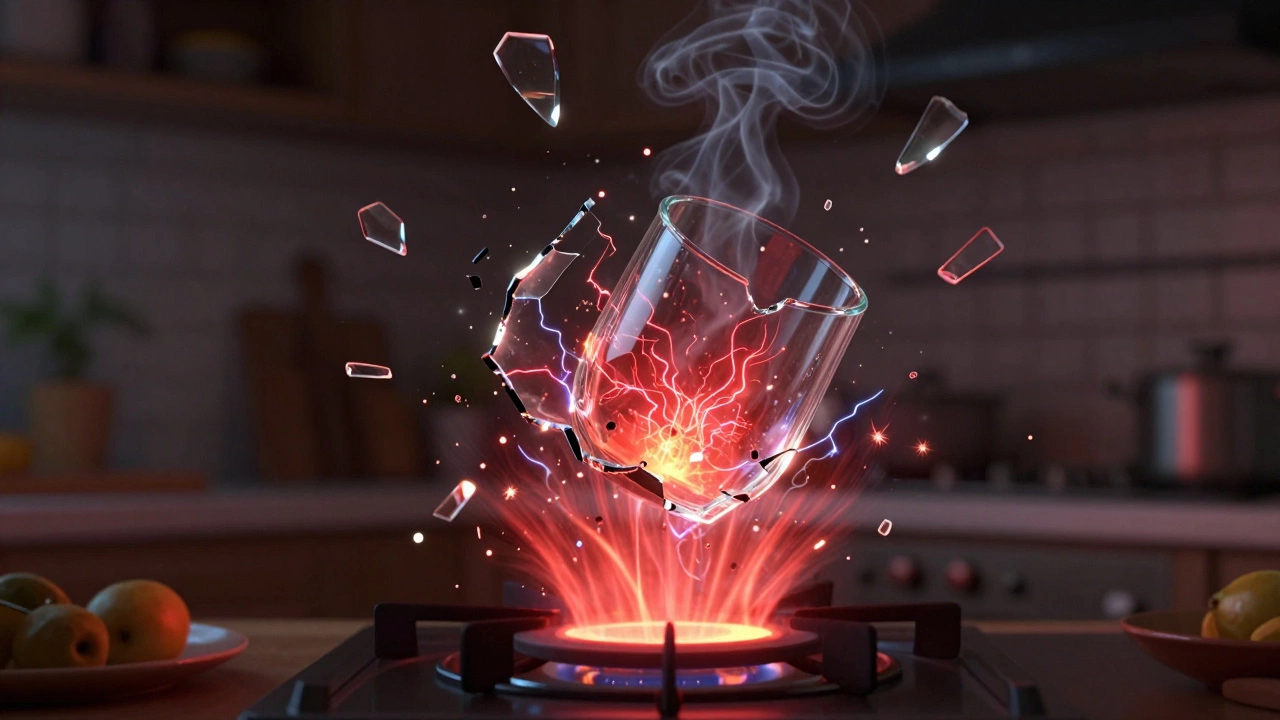 Glass hob shattering mid-air with sparks and smoke, dramatic lighting.