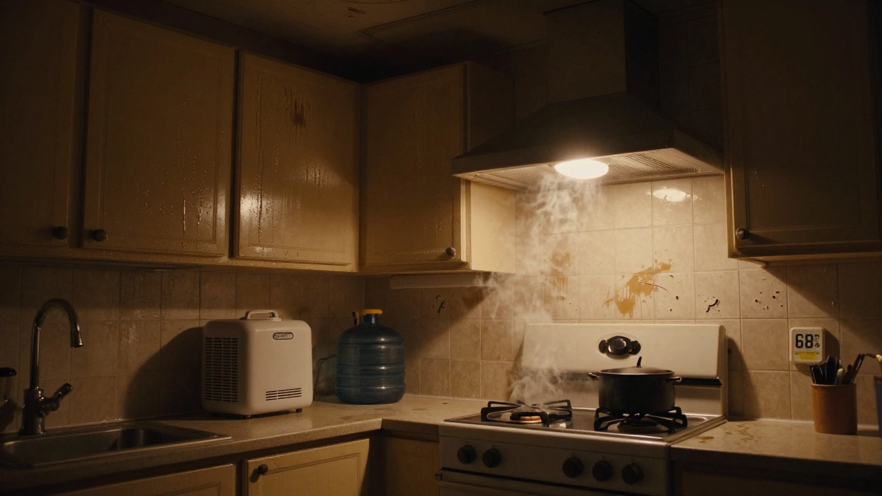 Greasy kitchen with non-functioning extractor fan and high humidity reading on a hygrometer