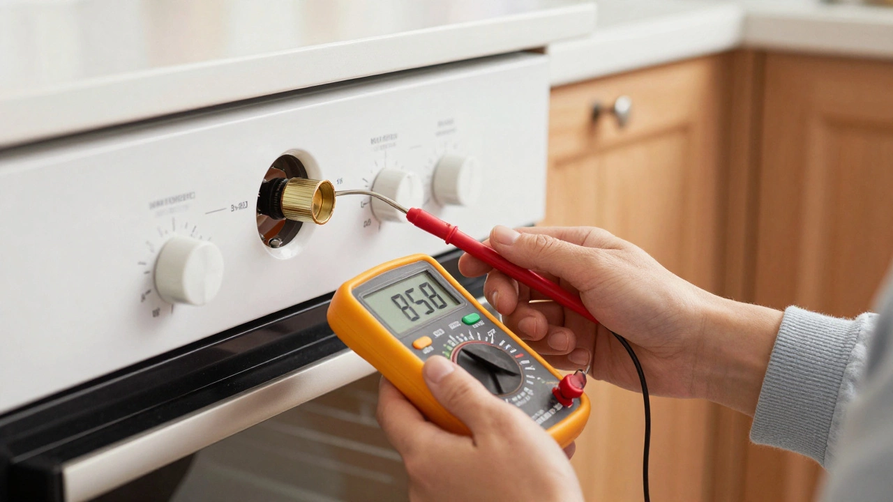 Homeowner testing oven temperature sensor with a multimeter.