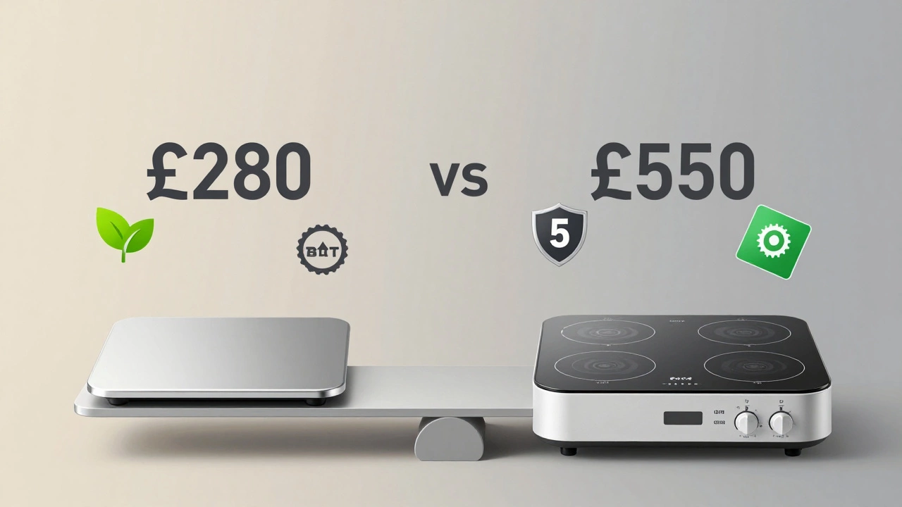 Kitchen scale balancing old hob against new induction model with energy icons.