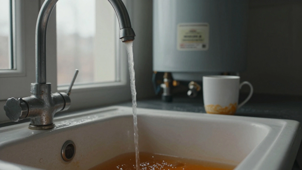 Orange-brown water flowing from a kitchen tap with sediment visible, old water heater in background.