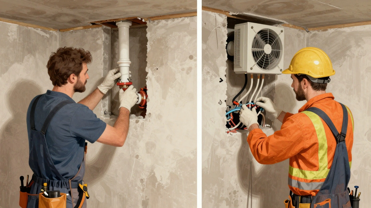 Plumber and electrician working side by side on wall ducting and plumbing lines.