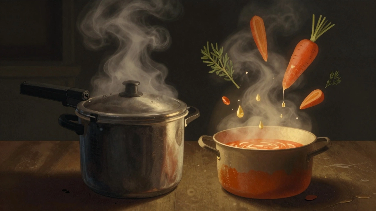 Pressure cooker exploding in shadow while a rich sauce reduces in warm light.