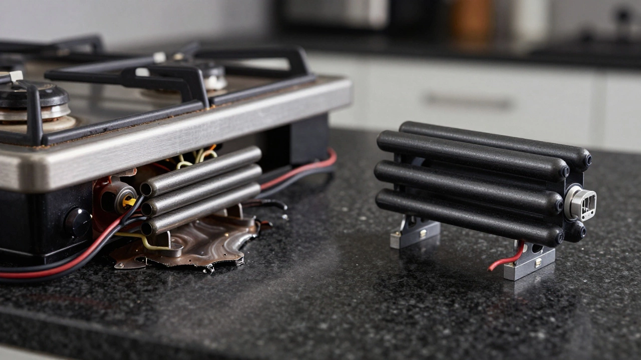 Side-by-side comparison of cheap vs genuine hob heating element damage.