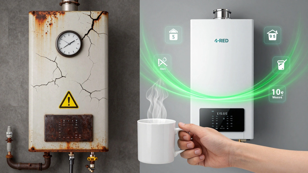 Split image: old broken boiler on left, new efficient boiler on right, symbolizing repair versus replacement.