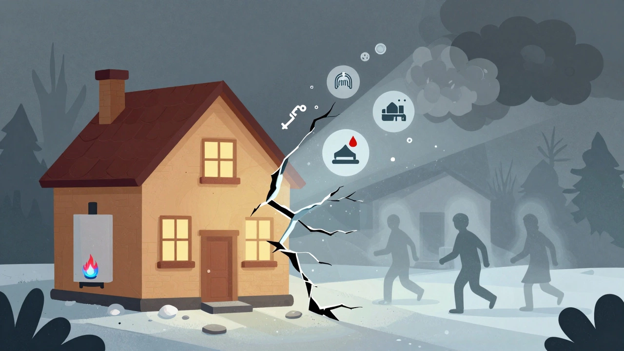 Split image: warm home with working boiler versus icy, dangerous home with frozen pipes and mould, warning signs visible.