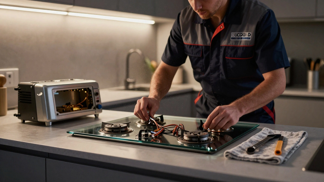 Technician removing damaged hob to reveal exposed wiring in a kitchen.