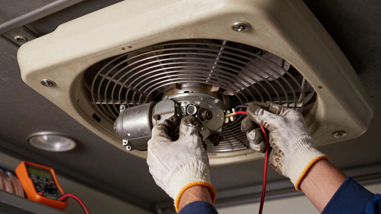 Technician replacing a motor inside a ceiling extractor fan with multimeter on tray.