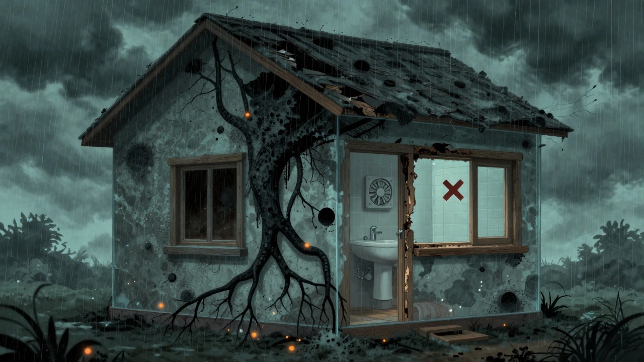 Transparent house showing hidden mold growth and rotting wood from poor ventilation