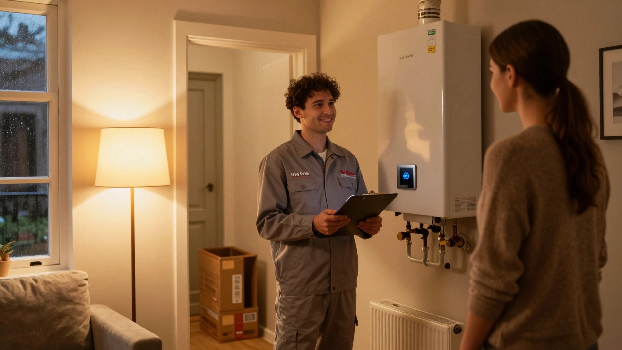 A Gas Safe engineer inspecting a new boiler with a homeowner in a warm, cozy living room at dusk.