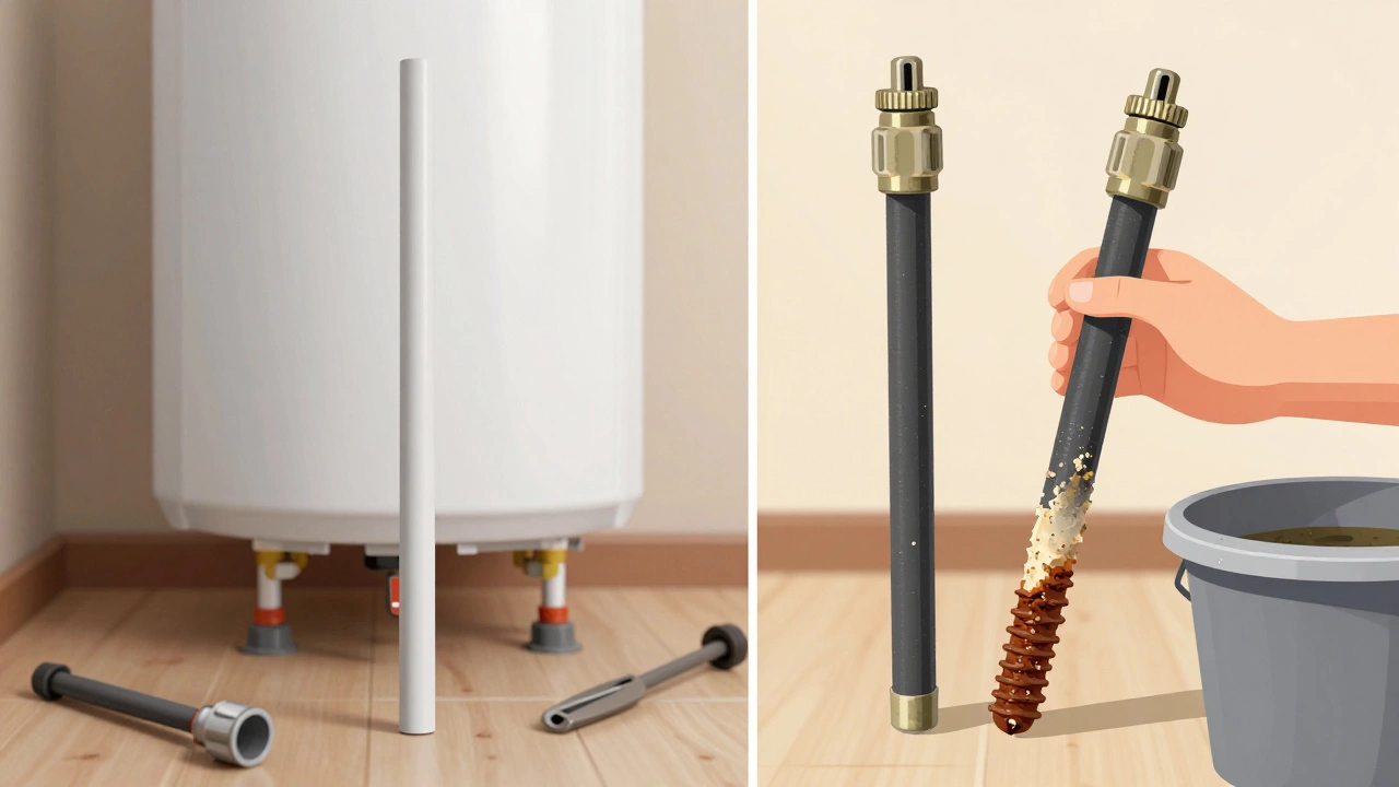 A plumber holding a corroded anode rod next to a water heater tank with sediment.