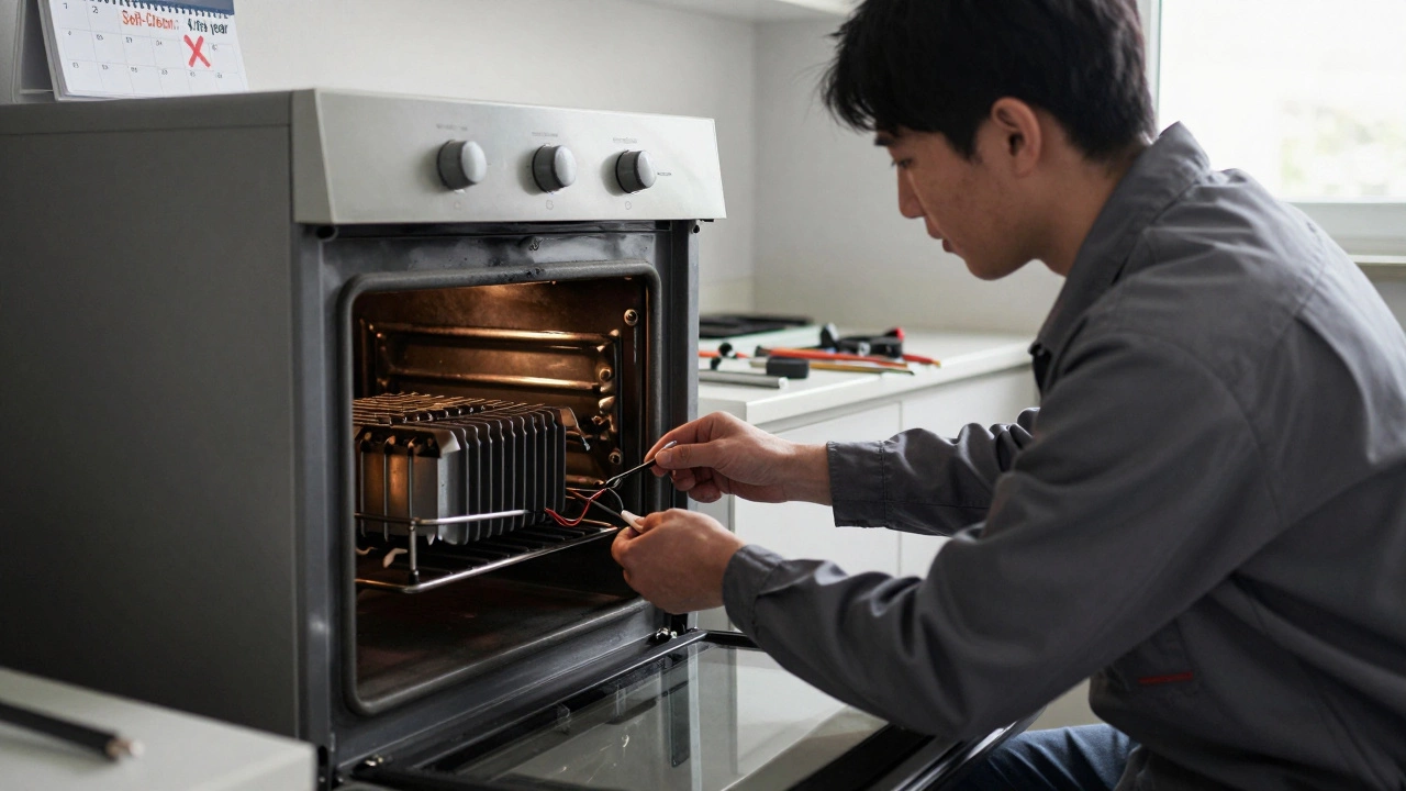 A technician replacing a damaged heating element in an oven, with evidence of excessive self-cleaning on a nearby calendar.