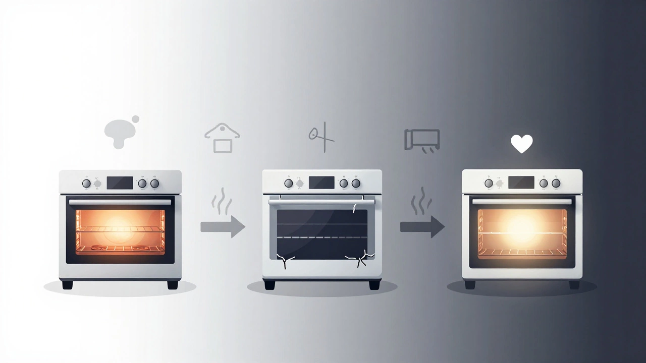 A timeline illustration showing the life stages of an electric oven from new to elderly, with visual indicators of wear and care.