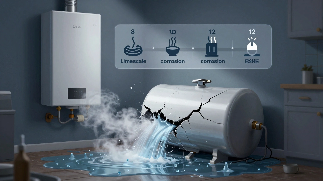 A water heater bursting with steam and water flooding a kitchen floor.