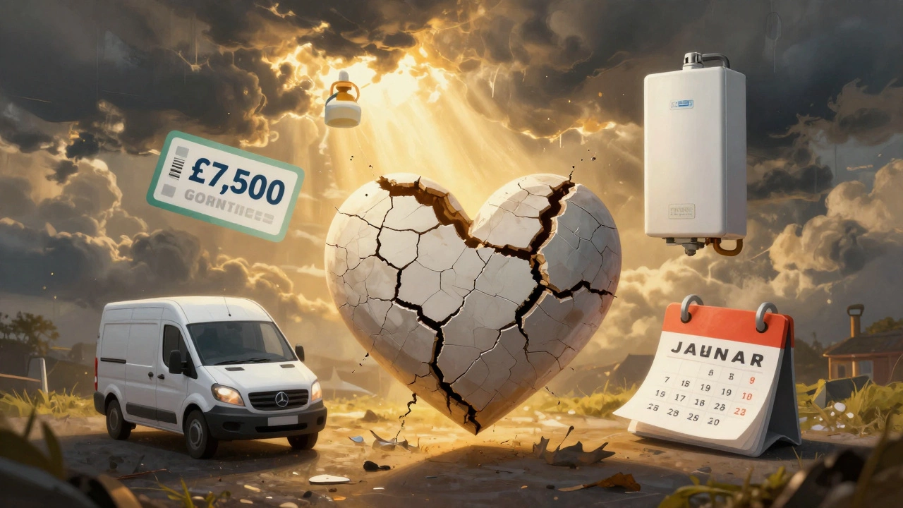 Cracked boiler with symbols of repair, grant, and new boiler in warm light.