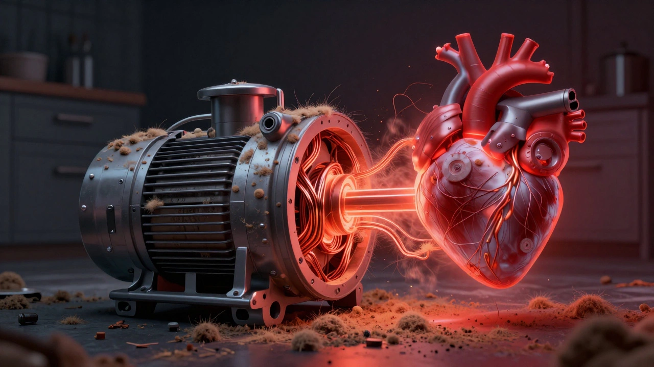 Cross-section of a fridge compressor clogged with dust and overheating.