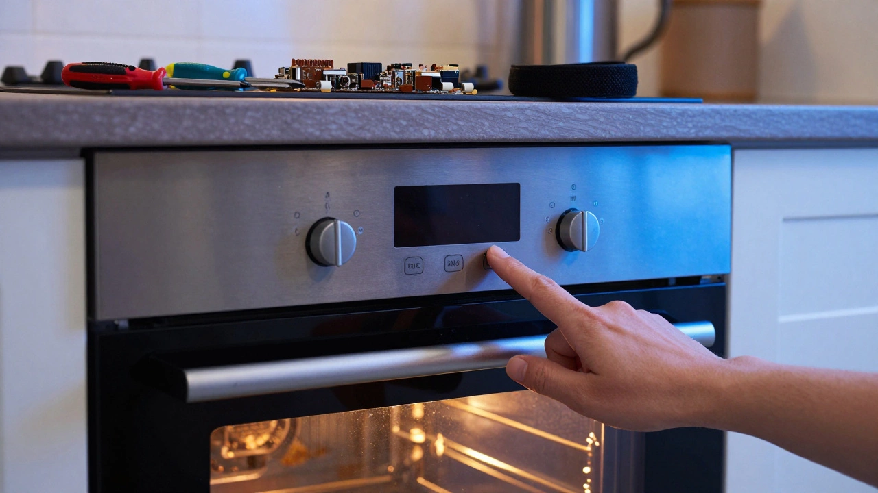 Hand pressing unresponsive oven buttons with blank display and open control panel visible.