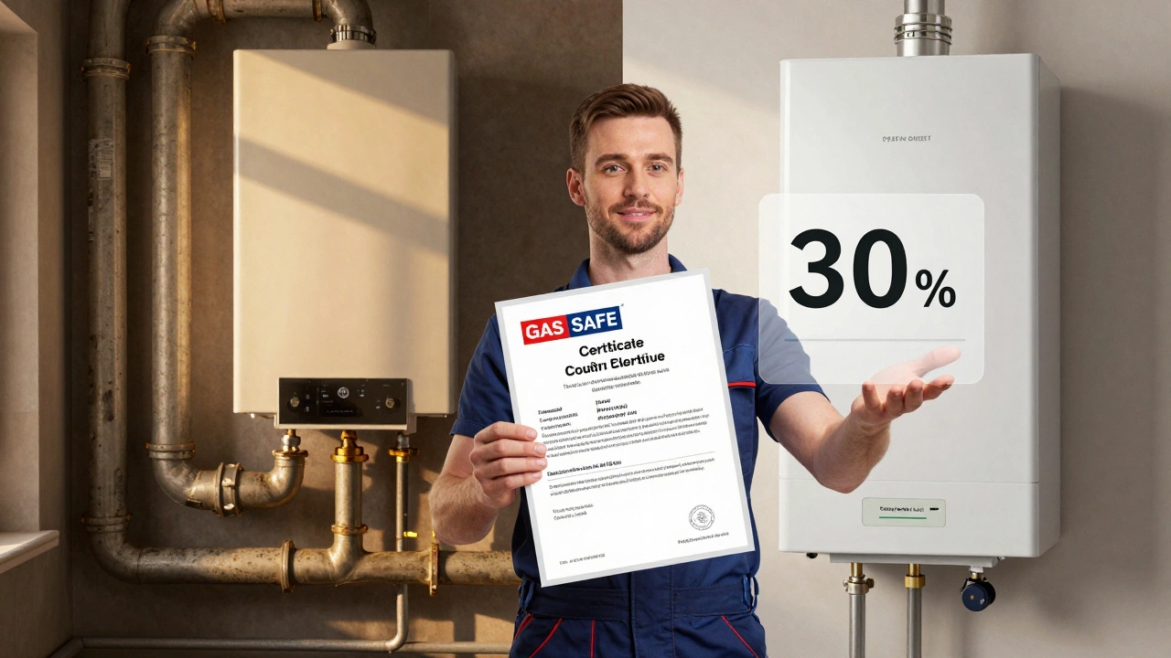 Homeowner holding a Gas Safe certificate beside a new boiler, with a transparent energy bill showing 30% savings.