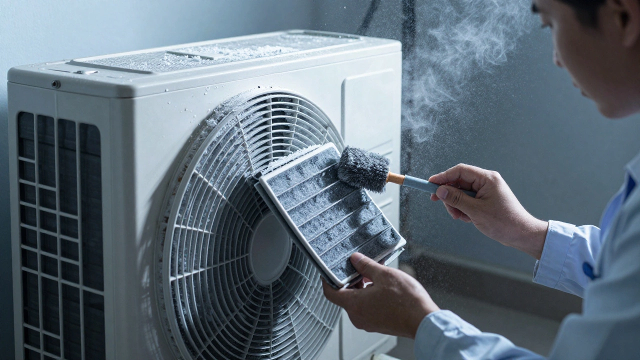 Ice forming on a heat pump's evaporator coil with dust buildup visible inside the unit.