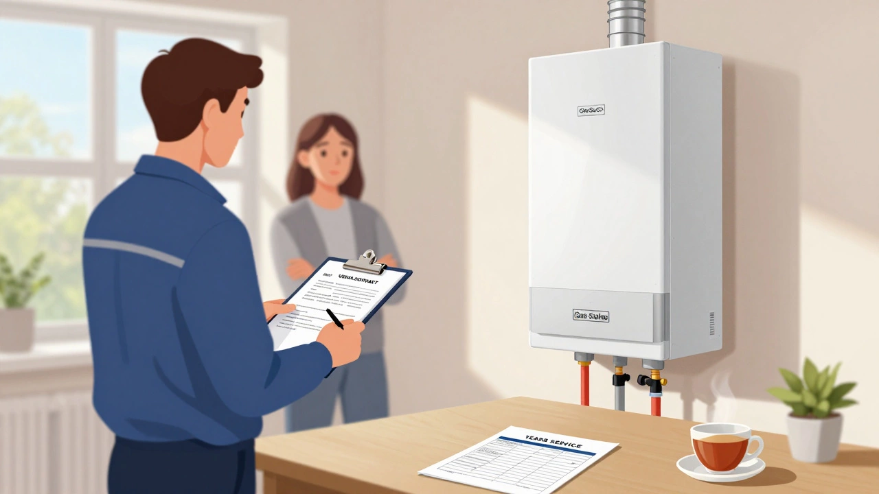 Landlord and engineer installing a new boiler in a rented home, tenant watching with relief.