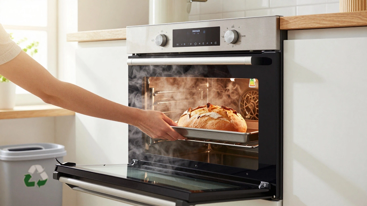 Modern oven in a bright kitchen with steam escaping during self-clean, symbolizing efficiency.