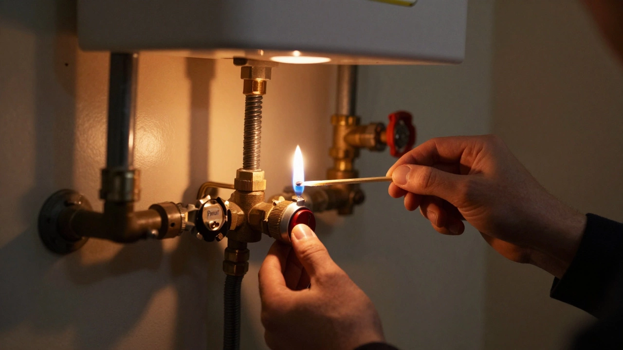 Person relighting a gas water heater pilot light with a long match in a basement.