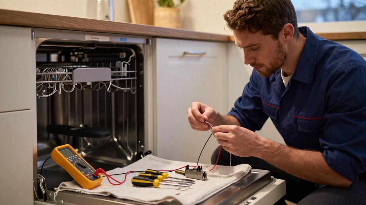 Person replacing a heating element in a dishwasher with tools and model number visible.