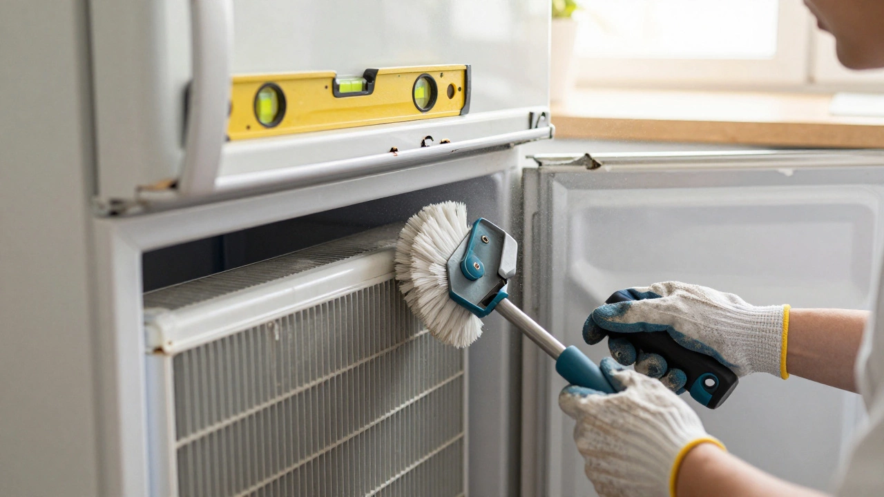 Someone cleaning fridge coils while a spirit level shows the appliance is tilted.