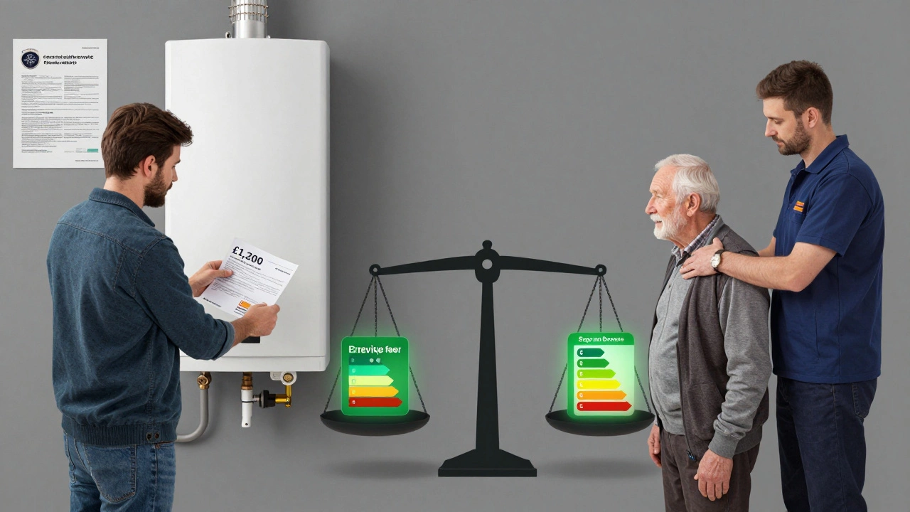 Split image: homeowner paying for old boiler repair vs. pensioner receiving free replacement.