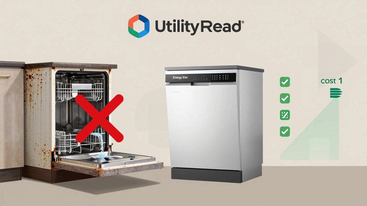 Split image: old leaking dishwasher vs. new efficient model with savings icons.