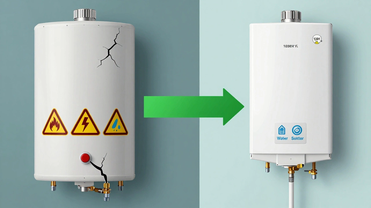 Split image showing a faulty water heater versus a well-maintained one with safety icons.