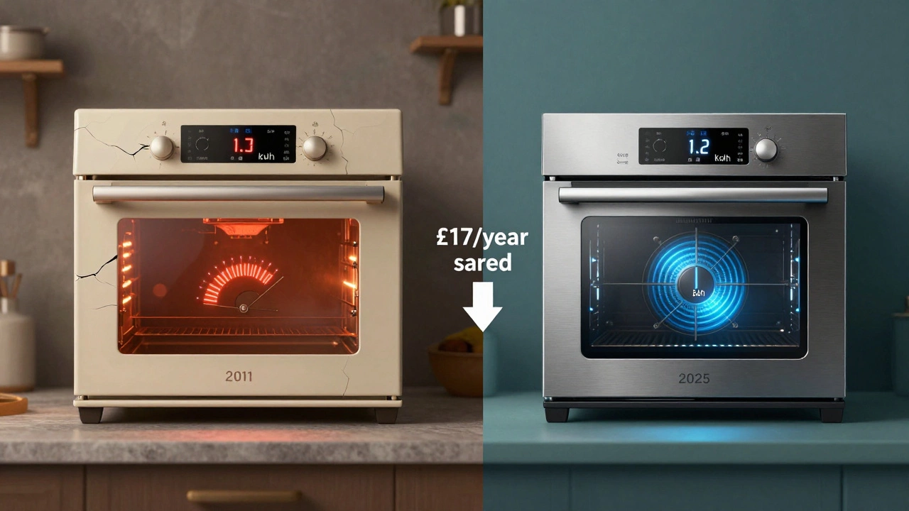 Split-screen comparison: old oven using 1.7 kWh vs new oven using 1.2 kWh with savings arrow.