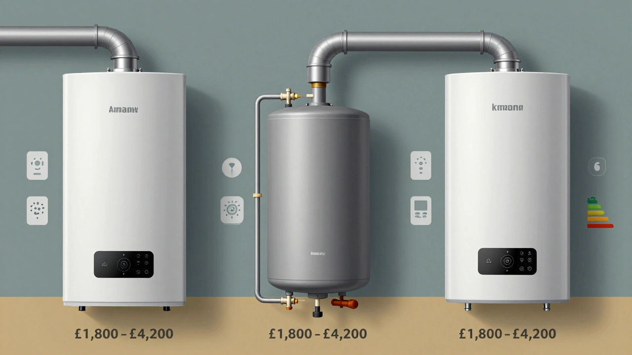 Three types of boilers side by side with icons showing prices, components, and efficiency ratings.