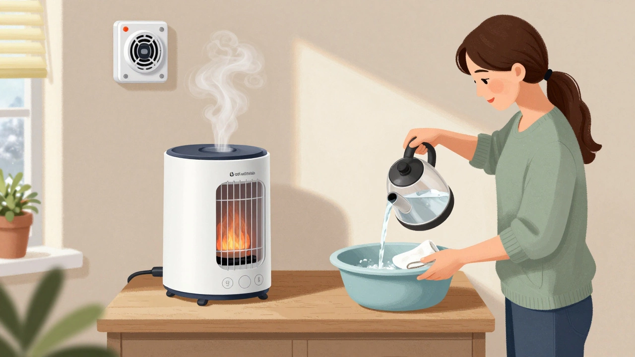 Woman sponge-bathing with kettle-heated water and certified immersion heater nearby.