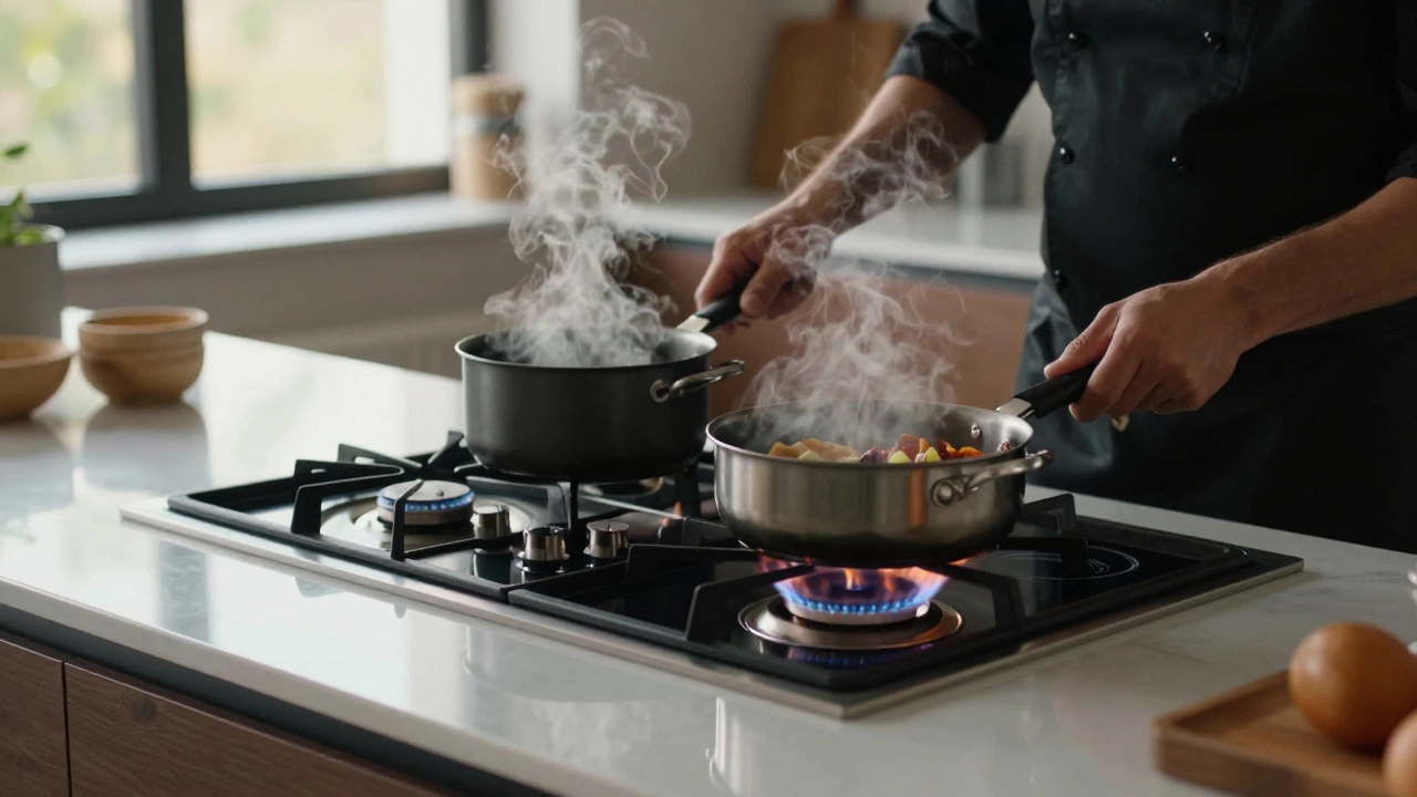 A chef cooking on an induction hob while a gas hob fades into the background in a modern UK kitchen.