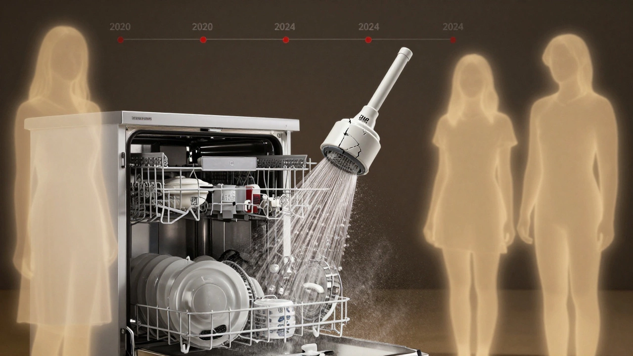 A cracked Bosch spray arm spraying dust instead of water, while reliable dishwasher models glow warmly in the background.