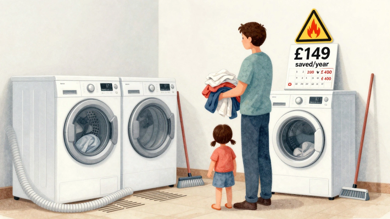 A family contemplating repair vs replacement of a dryer, with visual cues of energy savings and safety risks.